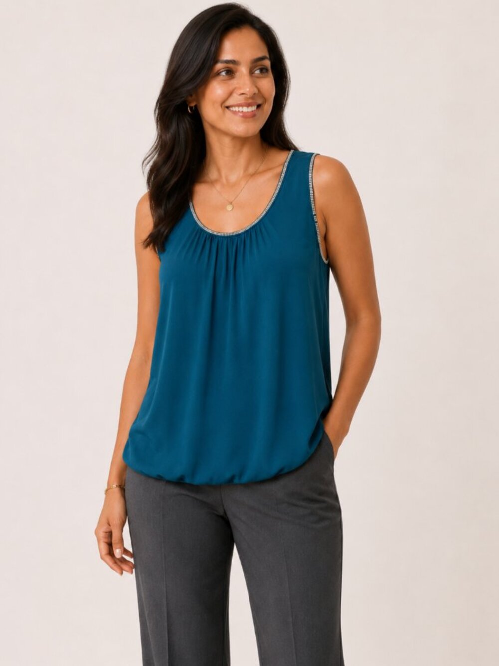 Crosby Teal Tank Top Metallic Stud Trim Banded Waist Size Large